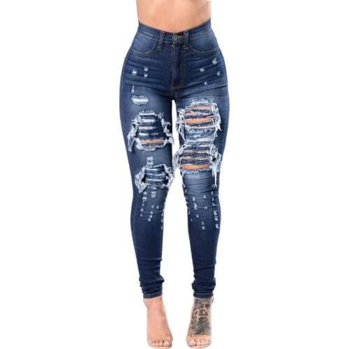 2020 Spring Hot Style Blue Skinny Ripped Jeans Wish European Station Trend Foreign Trade
