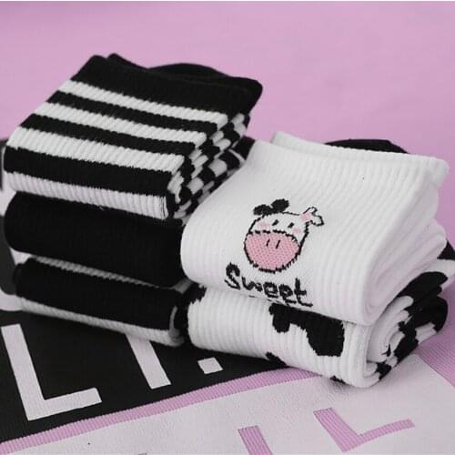 Japanese Ladies Tube Socks New Black and White Harajuku Striped Cute Cartoon Animal Womens Socks Fashion Casual Trendy Socks