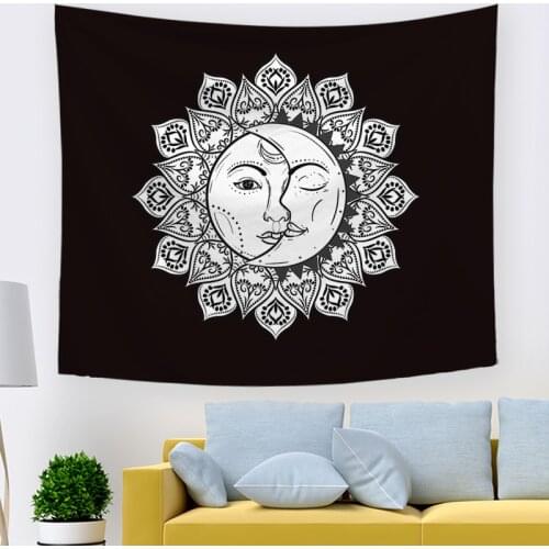 Sun And Moon Tapestry Black And White Burning Sun With Stars Tapestry Psychedelic Wall Tapestry Indian Tapestry For Room decor