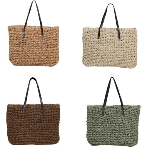 Women Woven Straw Large Capacity Tote Bag Zipper Single Shoulder Handbag Purse