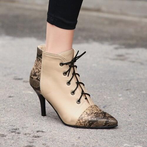 YMECHIC Retro Lace Up Sexy Heels Stiletto Woman Shoes Snakeskin Pointed Toe Lacing Booties Cross Tied Ankle Boots Autumn 2019