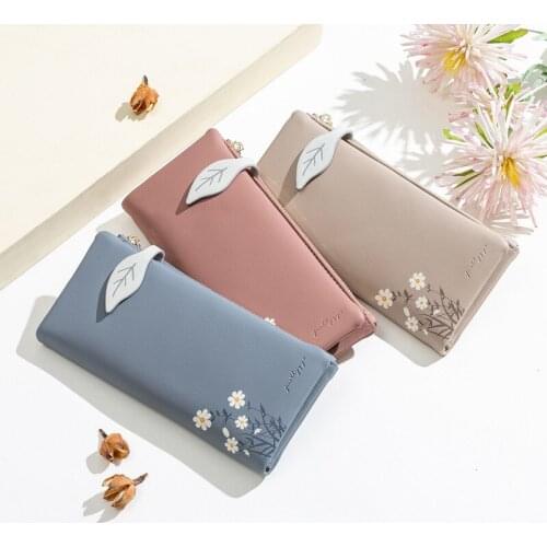 Women Wallets Leaves Decoration Long Hasp Zipper Coin Purses Female Soft Pu Leather Solid Color Card Holder Clutch Phone Bag