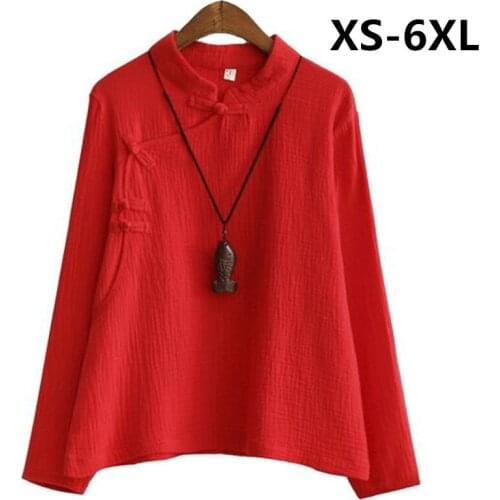 Chinese Style Womens Shirts New Arrivals 2020 Casual Stand Collar Loose Tops With Buttons Pure Vintage Blouse Lady Big Size 6XL