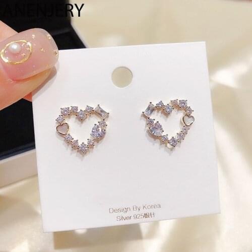ANENJERY 925 Sterling Silver Shell Zircon Love Heart Earrings For Women Sweet Dainty Prevent Allergy Earrings Gift S-E1249