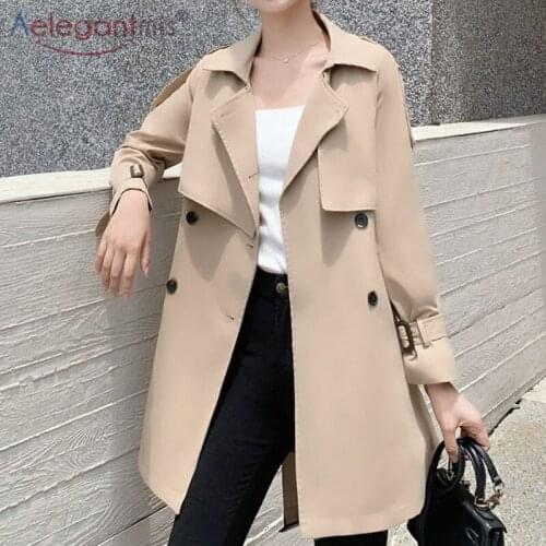Aelegantmis Korean Casual Trench Coat with Belts Double Breasted Lapel Female Windbreaker Fashion Office Outerwear 2021 New Chic