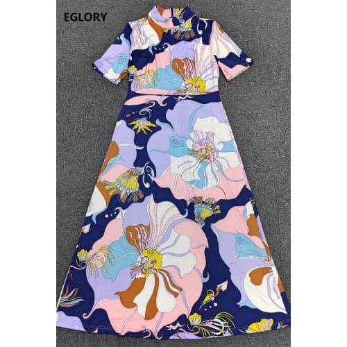 100%Jersey Silk Long Dress 2021 Spring Summer Fashionable Women Stand Neck Charming Floral Print Short Sleeve Casual Maxi Dress