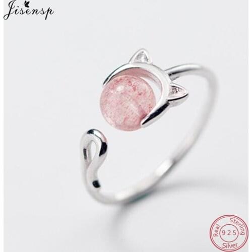 Jisensp Cute Animal Cat Rings for Women Girls 925 Sterling Silver Adjustable Finger Ring Pink Crystal Stone Ring Jewelry anillos