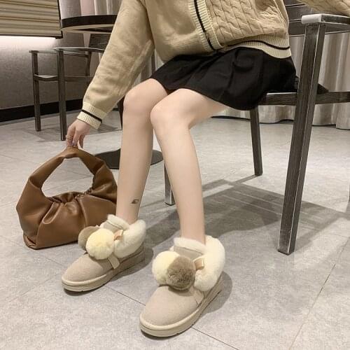 Snow Boots Winter New Womens Boots Plus Velvet Thick Warm Boots Mid-top Fairy Boot Hair Ball Short Boots Comfortable Flat Shoes