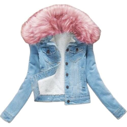 Winter New Product Denim Ladies Jacket Slim Plus Velvet Thicken Removable Fur Collar Denim Female Cotton Clothes Womens Jacket