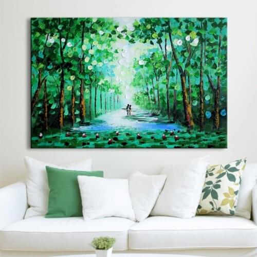 Mintura Hand Painted Palette Knife Green Trees Landscape Oil Paintings Modern Canvas Wall Art Picture For Living Room Home Decor