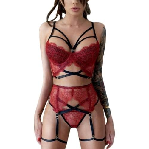 Plus Size New Women Sexy Red Lingerie Set Ladies Wireless Bra Underwear With Garter 3Pcs