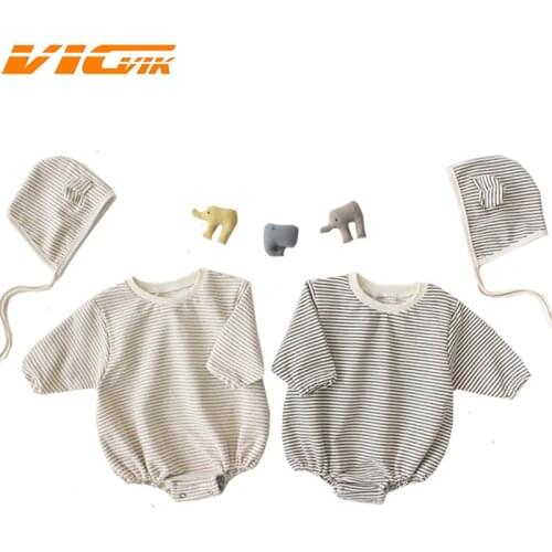2019 Spring Baby Bodysuits +Hat Stripe 0-3T Baby Girls 2Pieces Cotton Baby Clothes Bodysuits Long Sleeve Baby Girls Outfit