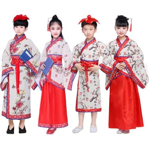 Children Boys Ancient Qing Dynasty Hanfu Kids Fairy Girls Long Dress Robe Royal Emperor Folk Dance Costumes Stage Performance
