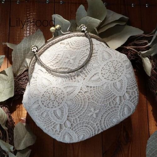 Women Vintage Lace Cover Small Size Cellphone Sling Bag Female Elegant Retro Victorian Age Pearl Chain Daily Purse Messenger Bag