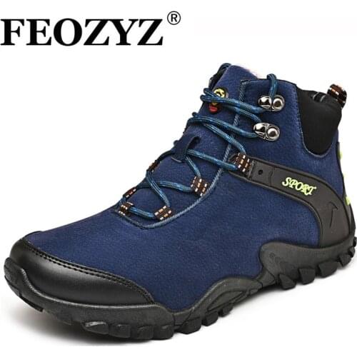 FEOZYZ High Top Hiking Shoes Men Lace Up Anti Slip Ankle Fur Snow Boots Winter Outdoor Suede Leather Sports Shoes Sneakers