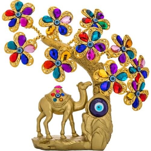 H&D Fengshui Camel Figurine Blue Evil Eye Flowers Tree with Healing Chakra Gemstones Showpiece for Good Luck Wealth Prosperity