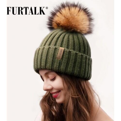 Furtalk Real Fur pompom Beanie Hat Women Winter Knitted Hat Warm Real Big Raccoon Pom Pom Hat for Female