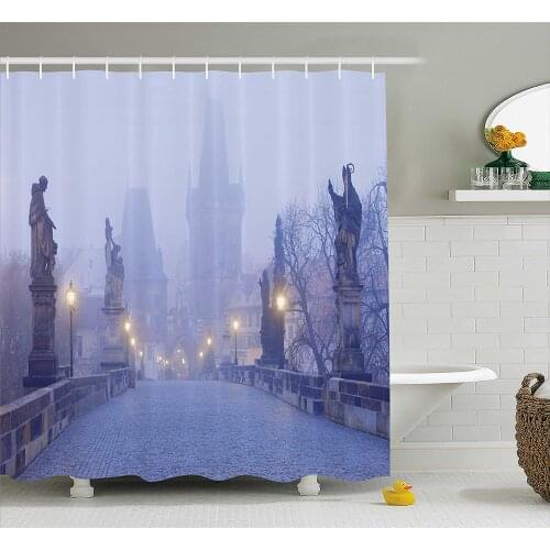 Urban Shower Curtain Czech Republic Prague Streets in Foggy Morning on Old Bridge with Statue Cathedral Home Decor Bath Curtains