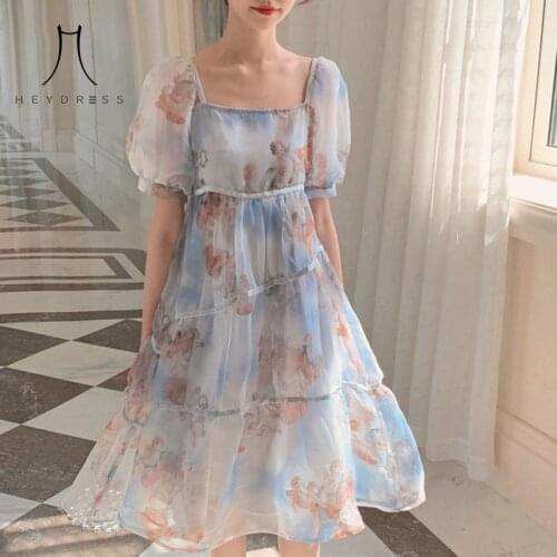 Heydress Female Summer Square Collar Elegant Chiffon Midi Dress Print French Dress Women Vintage Puff Sleeve Fairy Dresses