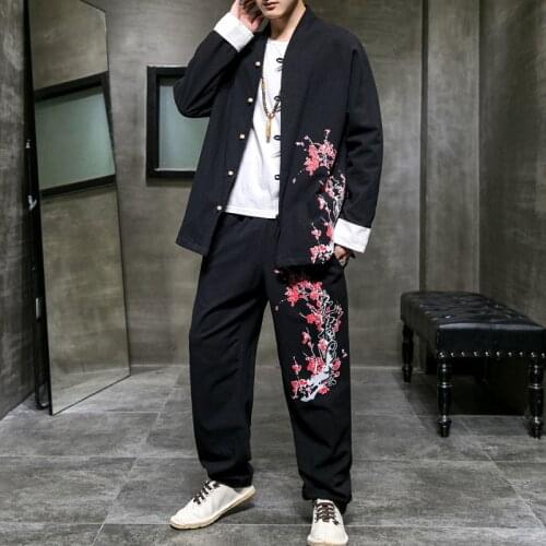 MrGB Cotton Linen Graphic Mens Set 2021 Autumn Winter Chinese Style Loose Shirt Male Trousers Vintage Tang Suit Mens Clothing