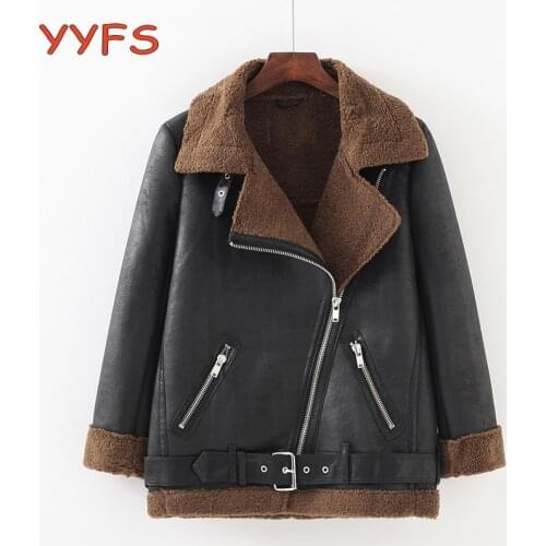 Womens Suede Leather Jacket Black Moto&Biker Coat Winter Teddy Lamb Liner Thick Warm Coat Turn-down Collar with Belt Windbreake