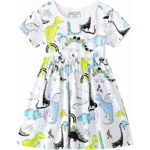 27kids Girls Summer Toddler Clothes Dinosaur Pattern Round Neck Skirt Casual Cotton Baby Short Sleeve Dress for 2-7 Years
