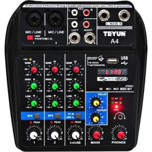 New A4 Multi-purpose Audio Mixer with Bluetooth Record 4 Channels Input Mic Line Insert Stereo USB Audio Mixer
