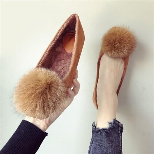 New brand designer fur ball winter shoes woman round toe flock loafer with warm plush furry pompon ballet flats women mules 545