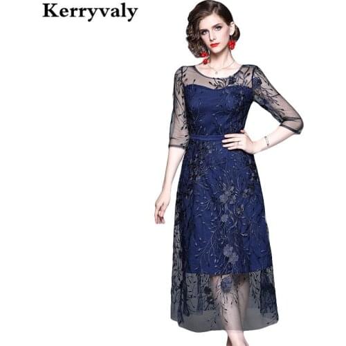 New Autumn Banquet Noble Mesh Embroidered Dress Vestidos Verano 2021 Mujer Blue Casual Midi Women Dress Roupas Feminina K6908