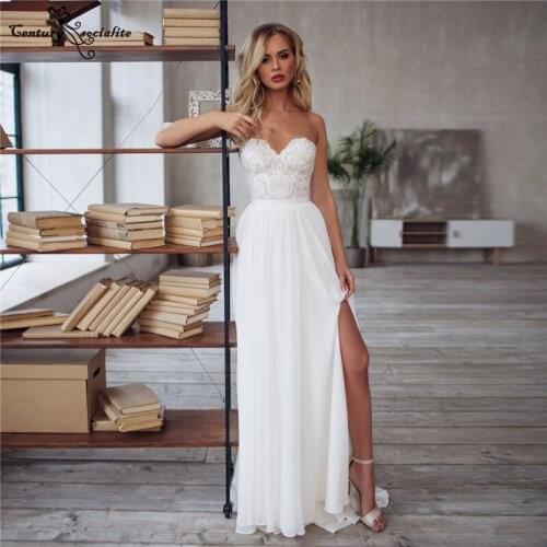 Sexy Simple Wedding Dresses Strapless 2021 Lace Appliques Side Slit Chiffon Civil Bridal Gowns Boho Bride Dress Robe De Mariee