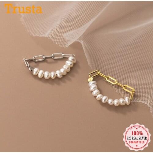 Trustdavis Real 925 Sterling Silver Fashion Sweet Synthetic Pearl Chain Elastic Rings For Women Wedding Party Jewelry DA2333