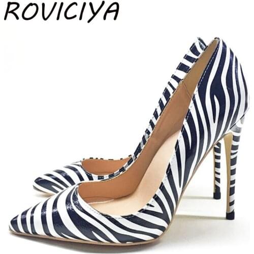 Zebra Stripes Ladies Shoes 12CM High Heel Pumps Women Shoes Sapato Feminino Footwear 10cm 8cm Plus Size 34-45 QP057 ROVICIYA
