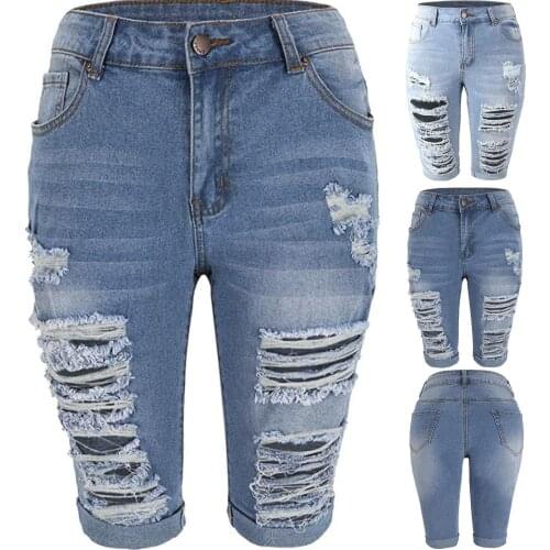 Women Hole Ripped High Waist Casual Zipper Fly Knee Length Jeans High Streetwear Denim Shorts Fashion Pants