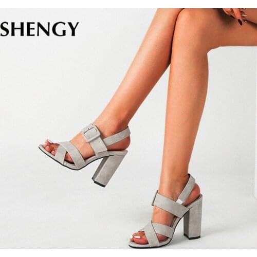 2020 Women Office Sandals Summer Hing Heel Buckle Strap Black Gray Brown Chunky Heels Size Flock Wedding Shoes 36-43