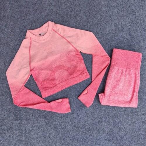 Women Ombre Neon Color 2 Piece Gym Yoga Set Long Sleeve Shirt Leggings Pants Professional Clothes for Female Sportswear Outfits