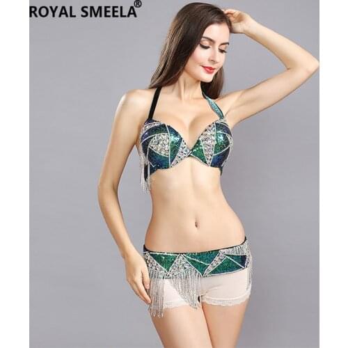 ROYAL SMEELA Green Womens Belly Dance Costume Gypsy Bra Belt dance set belly dancing clothes bling belly dance bra belt 119061
