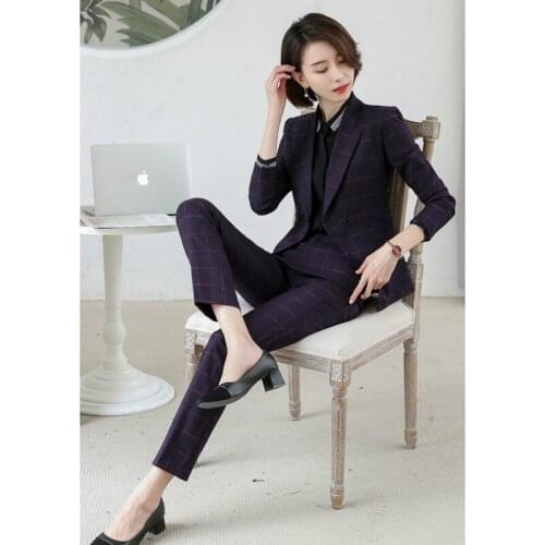 Ladies suit autumn and winter high-end new fashion lattice double-breasted suit trousers two-piece temperament womens clothing