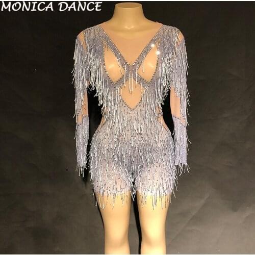 Women Sexy Net Yarn Bodysuit Silver Tassel Sparkling Crystals DJDS Jumpsuit Nightclub Birthday Party Wear Dancer Singer Costumes