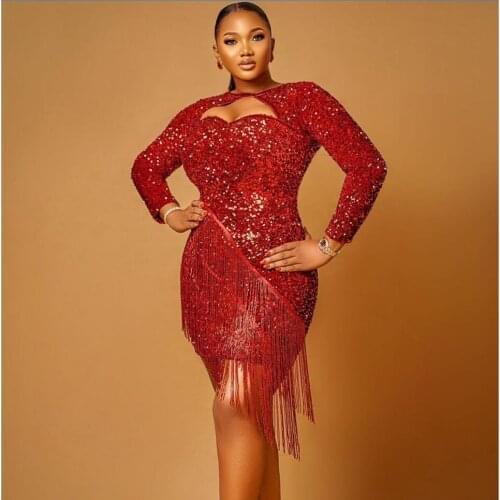 Full Beading Sequined Short Prom Dresses 2020 Lace Women Plus Size Evening Gowns Party Long Sleeves Tassel Cocktail Dress