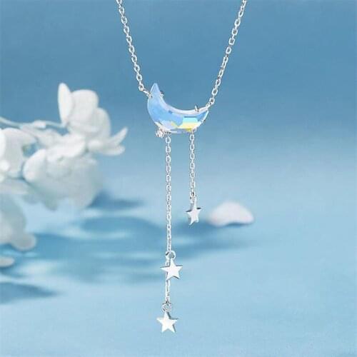 A Girl' Tassel Crystal Moon Star Charm Pendant Choker Necklace For Girl Women Statement Wedding Jewelry