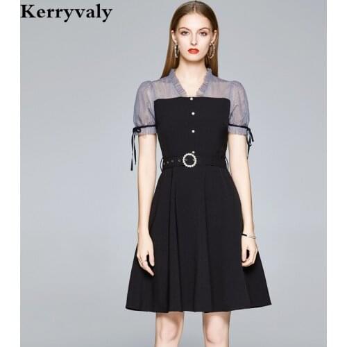 Hepburn Style V-neck Gauze Stitching Retro Black Dress Vestidos Largos Verano 2021 Short Sleeve A- Line Midi Women Dress K8621