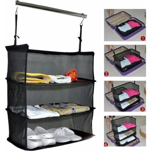 3 Layers Portable Travel Storage Bag Hook Hanging Organizer Wardrobe Clothes Rack Shelves Travel Suitcase