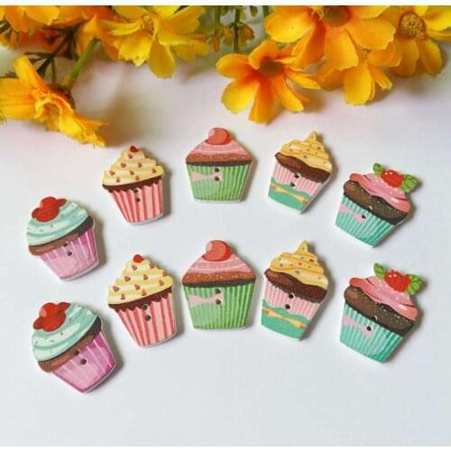 50pcs/lot 2 Holes Colored cake Wooden Buttons Cute Mixed Paint Design Decoration Clothing Accessories Sewing Buttons