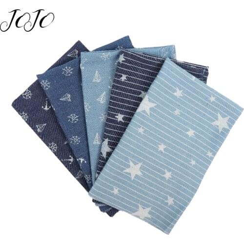 JOJO BOWS 40*50cm Denim Fabric White Stripe Star Printed Sheets For Clothing Home Textile Garment Sewing Materials DIY Crafts