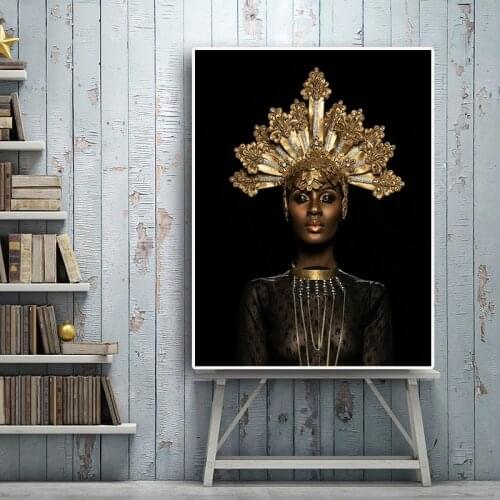 Black African Women Golden Crown Printing Waterproof Canvas Painting Wall Art Posters and Print Garden Decoration Paris Kitchen