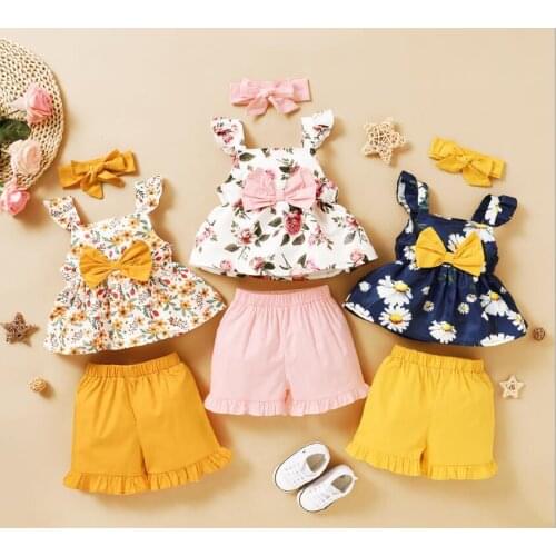 Kids baby Girls Summer Clothes Floral Flying Sleeve Vest Tank Tops Stretch Waist Shorts Headband Outfits set