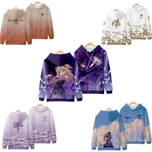 Game Genshin Impact Cosplay Costumes Ning Guang Keqing Barbara Klee Fischl Zhong Li Dawn Diluc Unisex 3D Hoodies Sweatshirts