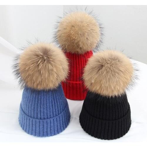 JIANGXIHUITIAN Simple Real fur ball cap pom poms winter hat for women girl 's hat knitted beanies cap brand new thick female cap