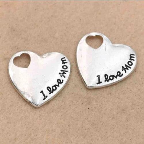 KJjewel Antique Silver Plated I Love Mom Heart Charms Pendant Bracelets Necklace Findings Jewelry Making Accessories DIY 24mm