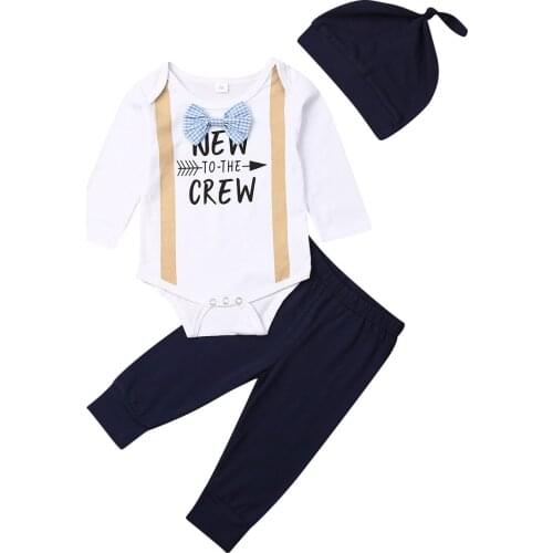 0-18M Infant Baby Boys Clothes New To The Crew Romper+Leggings Pants+Hat Outfits Set